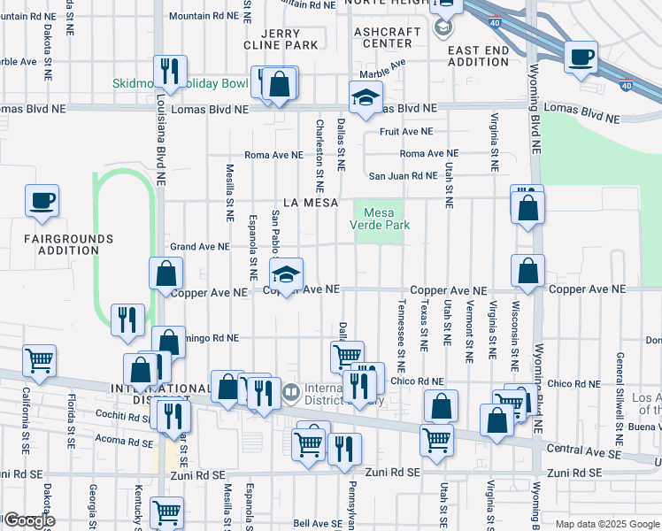map of restaurants, bars, coffee shops, grocery stores, and more near 408 Dallas Street Northeast in Albuquerque