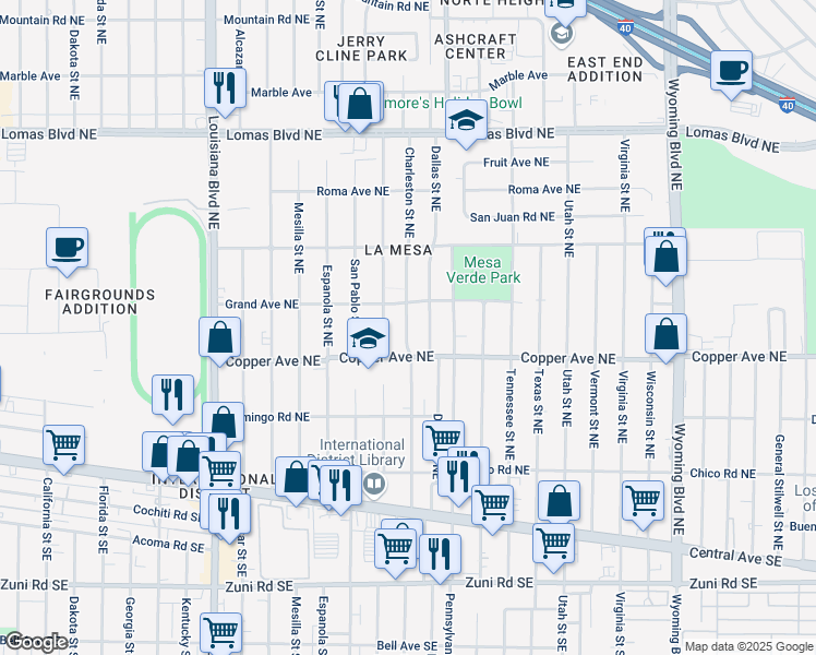 map of restaurants, bars, coffee shops, grocery stores, and more near 406 Grove Street Northeast in Albuquerque