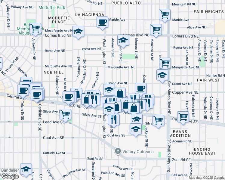 map of restaurants, bars, coffee shops, grocery stores, and more near 205 Adams Street Southeast in Albuquerque