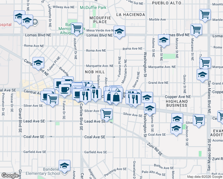 map of restaurants, bars, coffee shops, grocery stores, and more near 204 Aliso Drive Northeast in Albuquerque