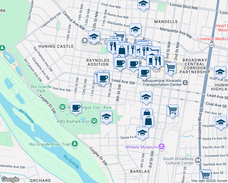 map of restaurants, bars, coffee shops, grocery stores, and more near 523 8th Street Southwest in Albuquerque