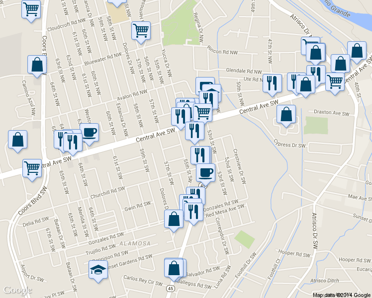 map of restaurants, bars, coffee shops, grocery stores, and more near 206 55th Street Southwest in Albuquerque
