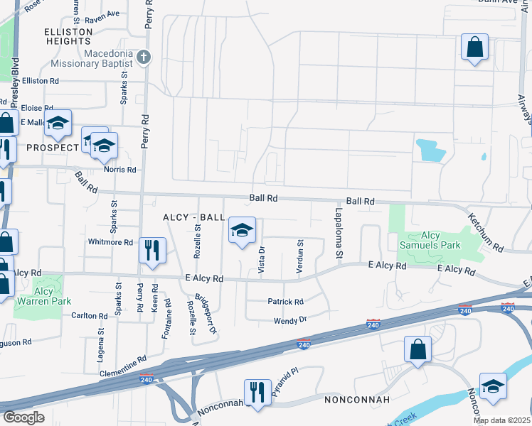 map of restaurants, bars, coffee shops, grocery stores, and more near 2366 Vista Drive in Memphis