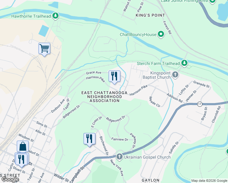 map of restaurants, bars, coffee shops, grocery stores, and more near 2568 Harrison Pike in Chattanooga