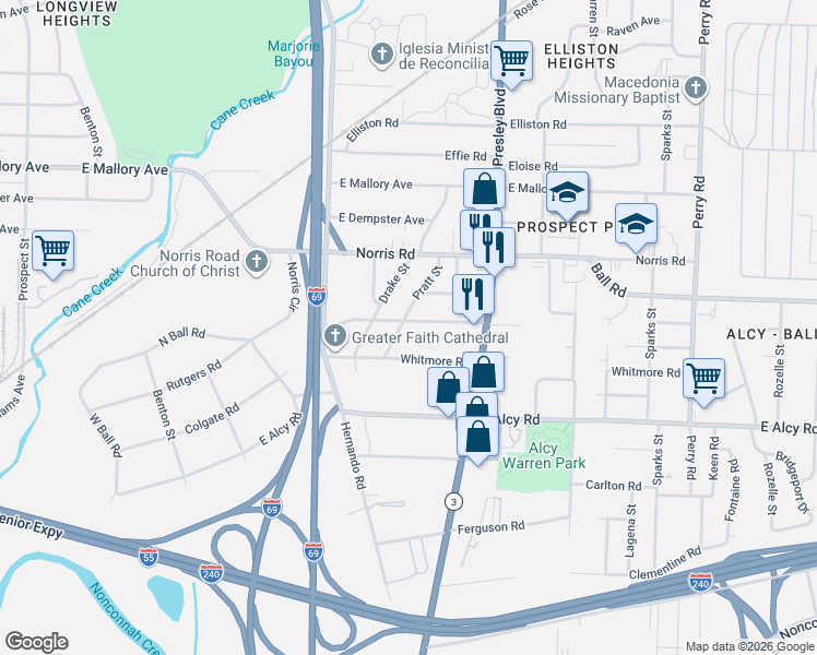 map of restaurants, bars, coffee shops, grocery stores, and more near 2375 Pratt Street in Memphis