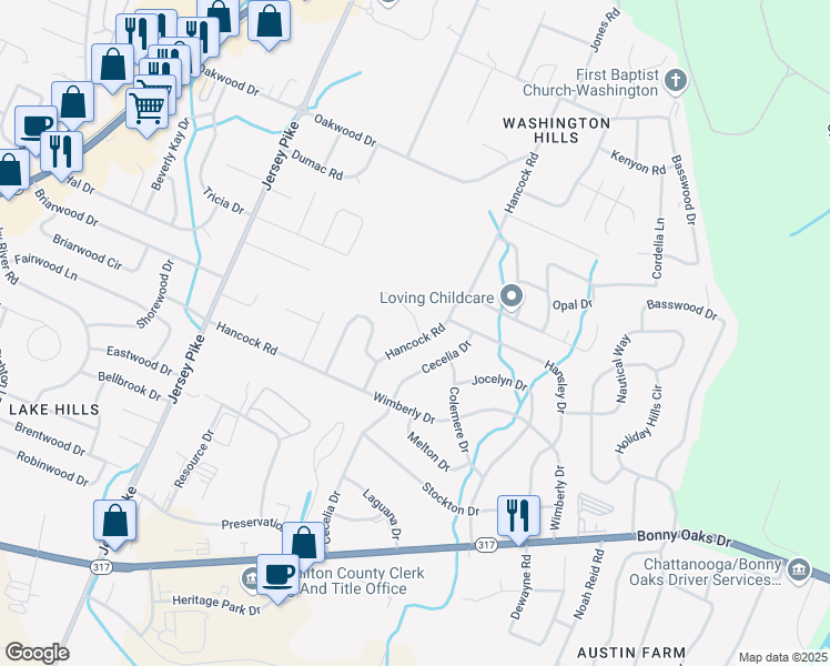 map of restaurants, bars, coffee shops, grocery stores, and more near 7733 Hancock Road in Chattanooga