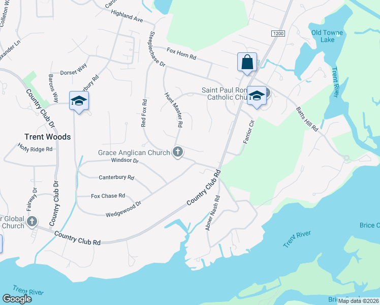 map of restaurants, bars, coffee shops, grocery stores, and more near 3106 Side Saddle Lane in Trent Woods