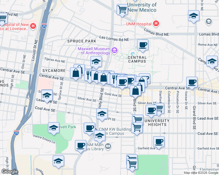 map of restaurants, bars, coffee shops, grocery stores, and more near 1817 Gold Avenue Southeast in Albuquerque