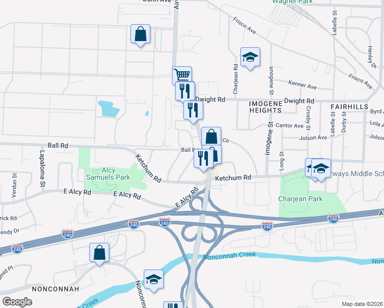 map of restaurants, bars, coffee shops, grocery stores, and more near 2381 Lindbergh Road in Memphis