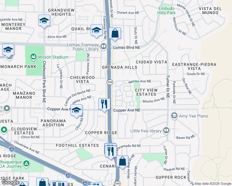 map of restaurants, bars, coffee shops, grocery stores, and more near Knox Place Northeast in Albuquerque