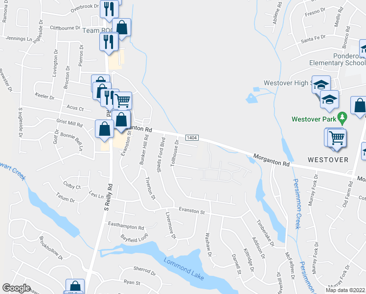 map of restaurants, bars, coffee shops, grocery stores, and more near 6329 Greycliff Drive in Fayetteville
