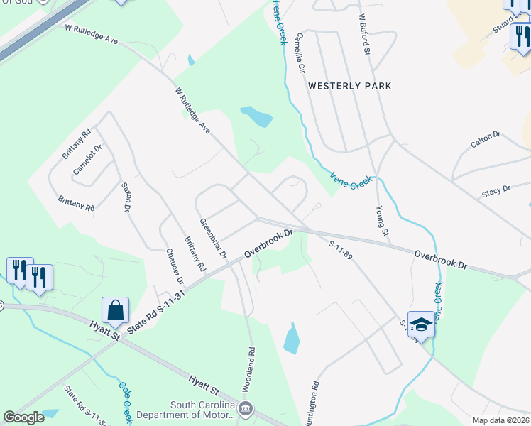 map of restaurants, bars, coffee shops, grocery stores, and more near 104 Greenbriar Drive in Gaffney