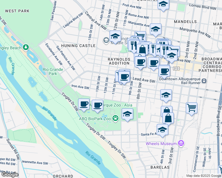 map of restaurants, bars, coffee shops, grocery stores, and more near 1105 Iron Avenue Southwest in Albuquerque