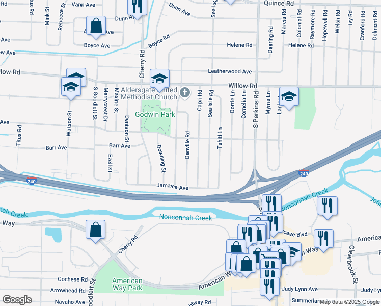 map of restaurants, bars, coffee shops, grocery stores, and more near 1854 Danville Road in Memphis