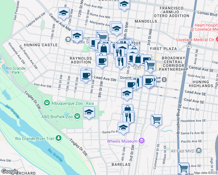 map of restaurants, bars, coffee shops, grocery stores, and more near Coal Ave SW & 7th St SW in Albuquerque