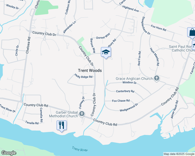 map of restaurants, bars, coffee shops, grocery stores, and more near 408 Country Club Drive in New Bern