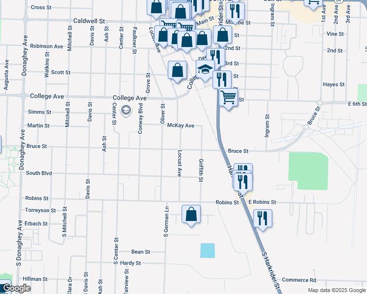 map of restaurants, bars, coffee shops, grocery stores, and more near 302 Locust Street in Conway