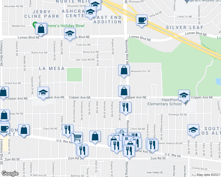 map of restaurants, bars, coffee shops, grocery stores, and more near 411 Virginia Street Northeast in Albuquerque