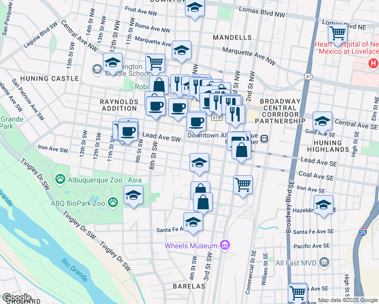 map of restaurants, bars, coffee shops, grocery stores, and more near 520 Coal Avenue Southwest in Albuquerque