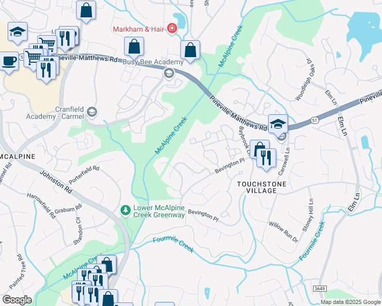 map of restaurants, bars, coffee shops, grocery stores, and more near 6700 Bevington Ridge Road in Charlotte