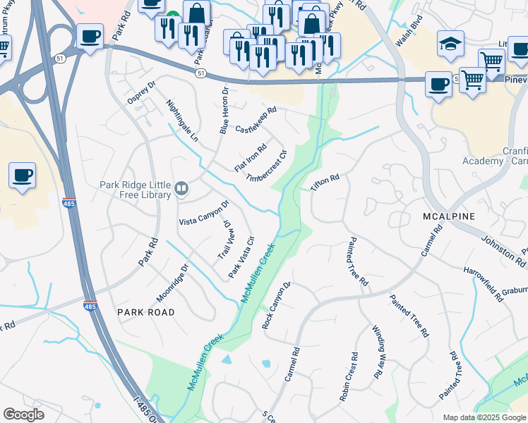 map of restaurants, bars, coffee shops, grocery stores, and more near 8224 Park Vista Circle in Charlotte