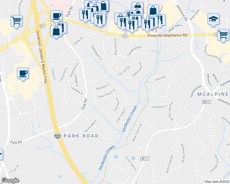 map of restaurants, bars, coffee shops, grocery stores, and more near 8318 Trail View Drive in Charlotte