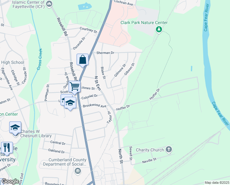 map of restaurants, bars, coffee shops, grocery stores, and more near 1622 Gilmore Street in Fayetteville