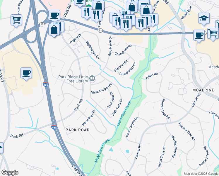 map of restaurants, bars, coffee shops, grocery stores, and more near 8336 Trail View Drive in Charlotte