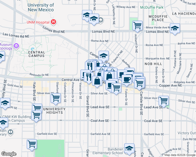 map of restaurants, bars, coffee shops, grocery stores, and more near 3022 Central Avenue Southeast in Albuquerque