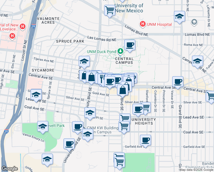 map of restaurants, bars, coffee shops, grocery stores, and more near The University of New Mexico in Albuquerque