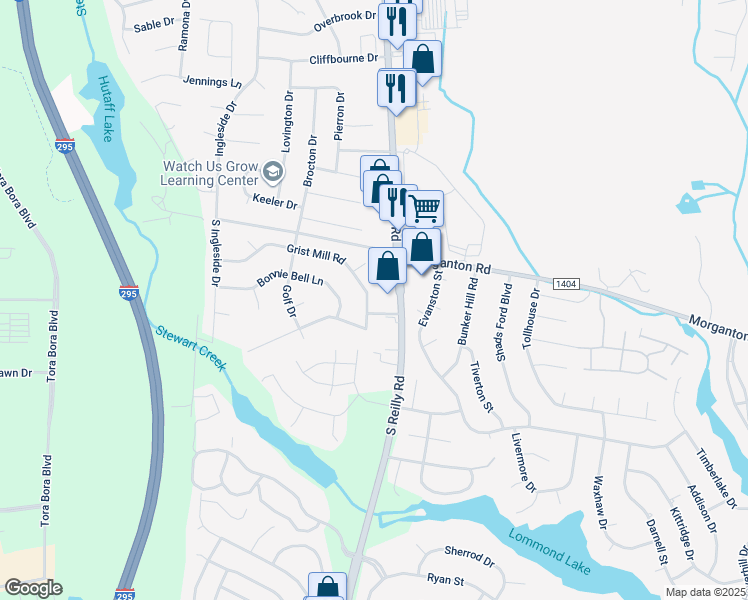 map of restaurants, bars, coffee shops, grocery stores, and more near 6512 Gristmill Road in Fayetteville