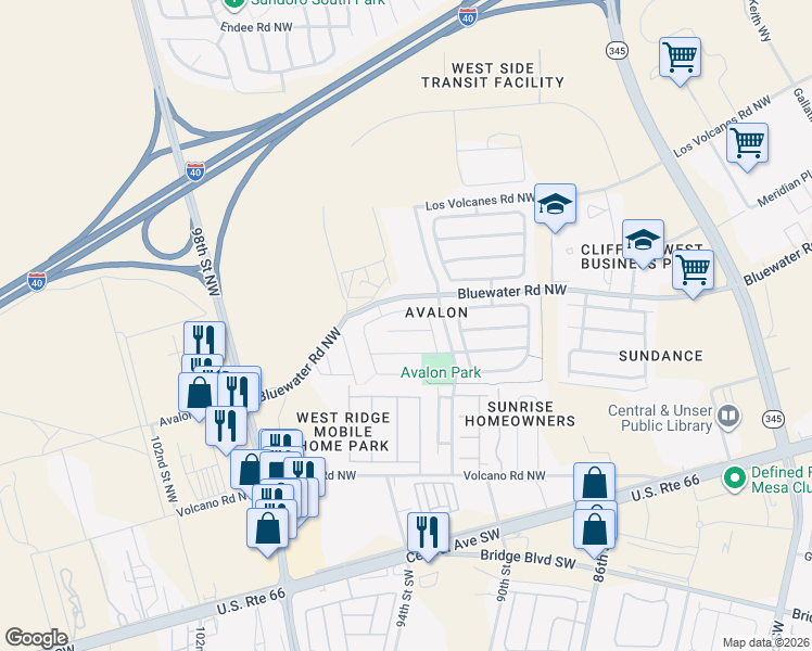 map of restaurants, bars, coffee shops, grocery stores, and more near 9405 Starboard Road Northwest in Albuquerque