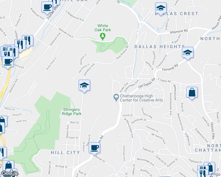 map of restaurants, bars, coffee shops, grocery stores, and more near 1621 Berkley Circle in Chattanooga