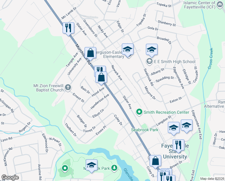 map of restaurants, bars, coffee shops, grocery stores, and more near 1801 Murchison Road in Fayetteville