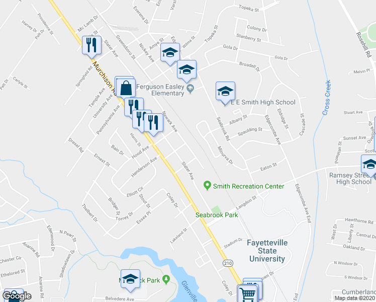 map of restaurants, bars, coffee shops, grocery stores, and more near 1709 Newark Avenue in Fayetteville
