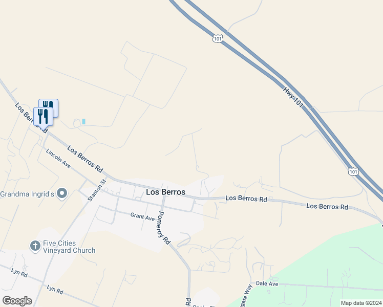 map of restaurants, bars, coffee shops, grocery stores, and more near 1680 Los Berros Road in Arroyo Grande