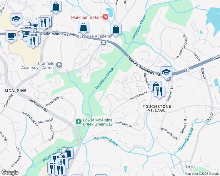 map of restaurants, bars, coffee shops, grocery stores, and more near 6733 Bevington Ridge Road in Charlotte