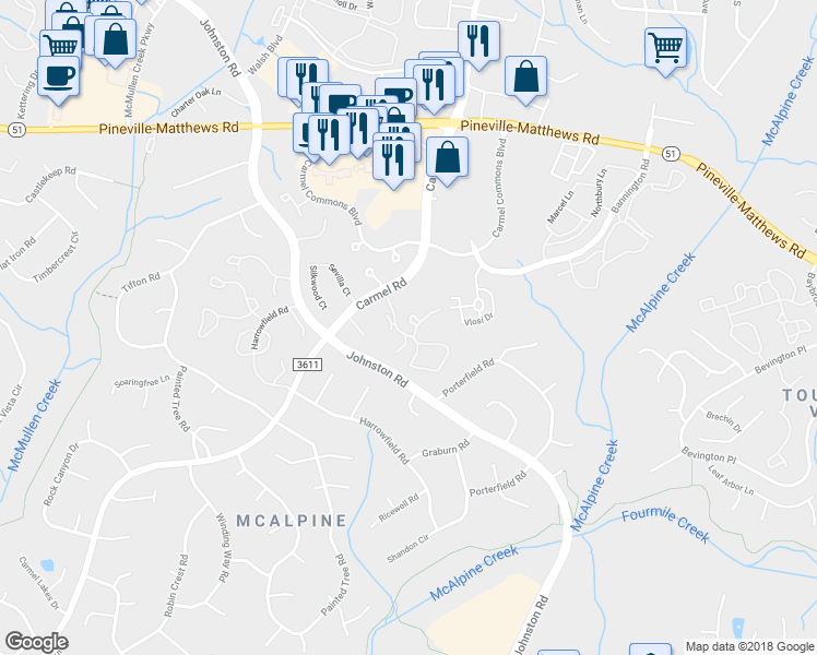 map of restaurants, bars, coffee shops, grocery stores, and more near 6622 Point Comfort Lane in Charlotte