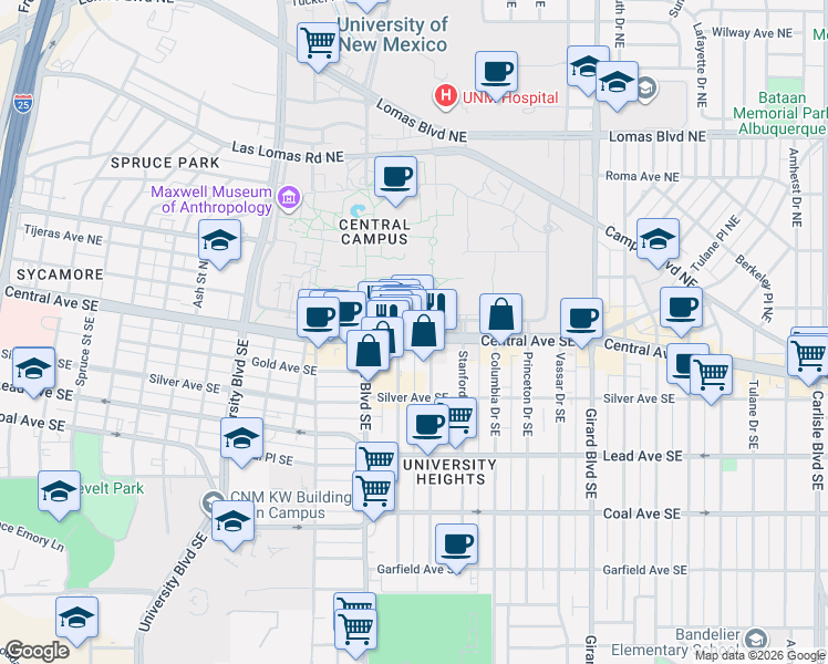 map of restaurants, bars, coffee shops, grocery stores, and more near 2301 Central Avenue Northeast in Albuquerque