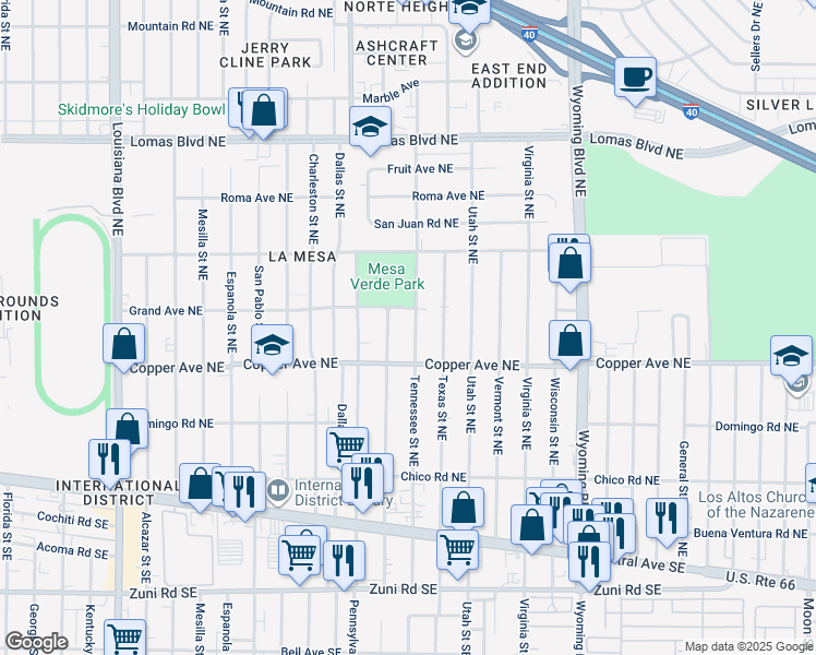 map of restaurants, bars, coffee shops, grocery stores, and more near 411 Tennessee Street Northeast in Albuquerque