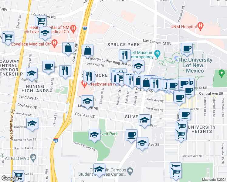 map of restaurants, bars, coffee shops, grocery stores, and more near in Albuquerque