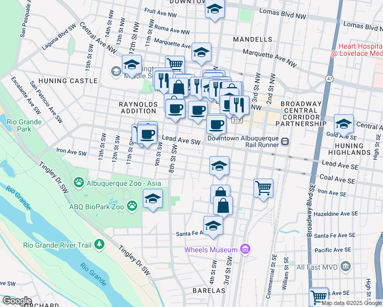 map of restaurants, bars, coffee shops, grocery stores, and more near 518 7th Street Southwest in Albuquerque