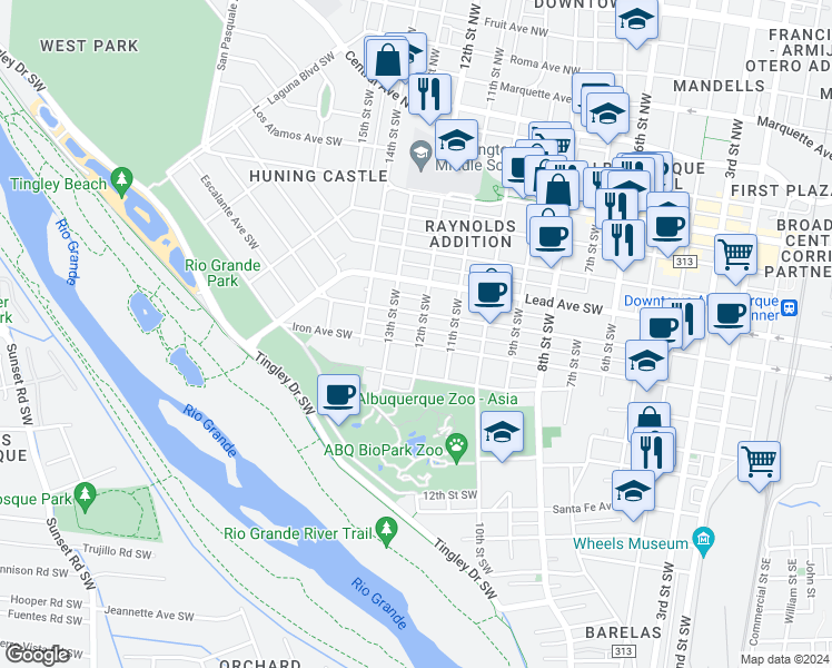 map of restaurants, bars, coffee shops, grocery stores, and more near 1112 Iron Avenue Southwest in Albuquerque