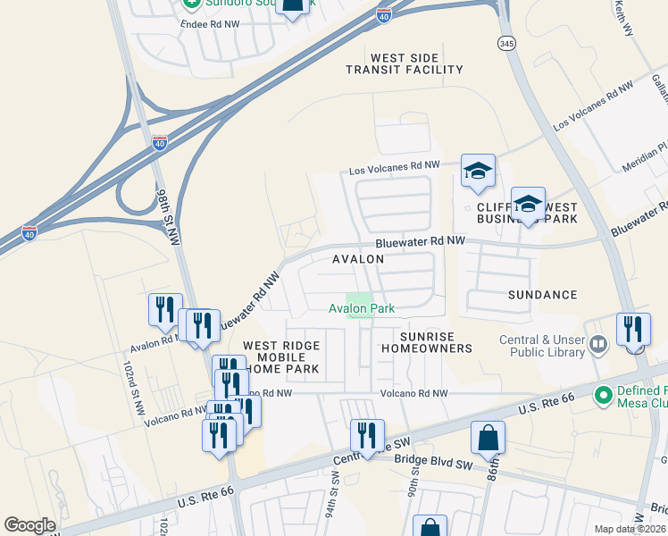 map of restaurants, bars, coffee shops, grocery stores, and more near 9405 Starboard Road Northwest in Albuquerque