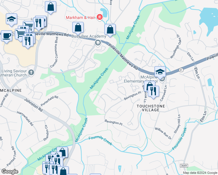map of restaurants, bars, coffee shops, grocery stores, and more near 6700 Bevington Ridge Road in Charlotte