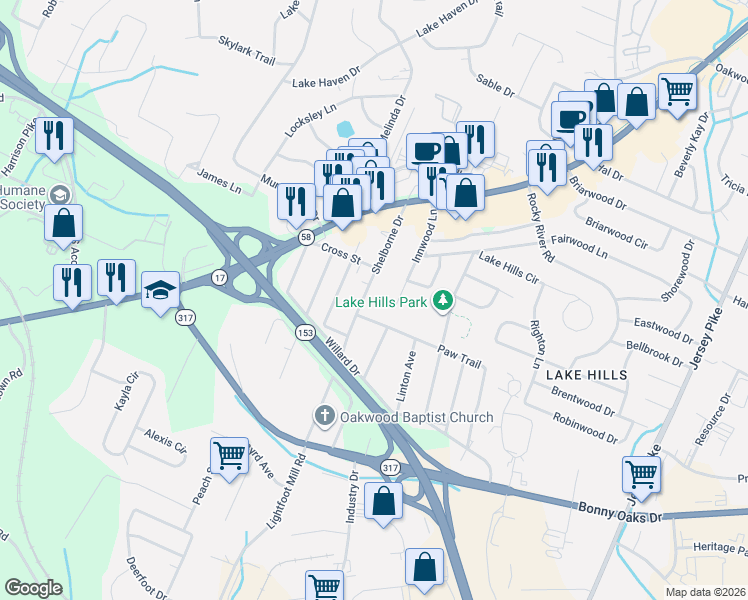 map of restaurants, bars, coffee shops, grocery stores, and more near 4410 Paw Trail in Chattanooga