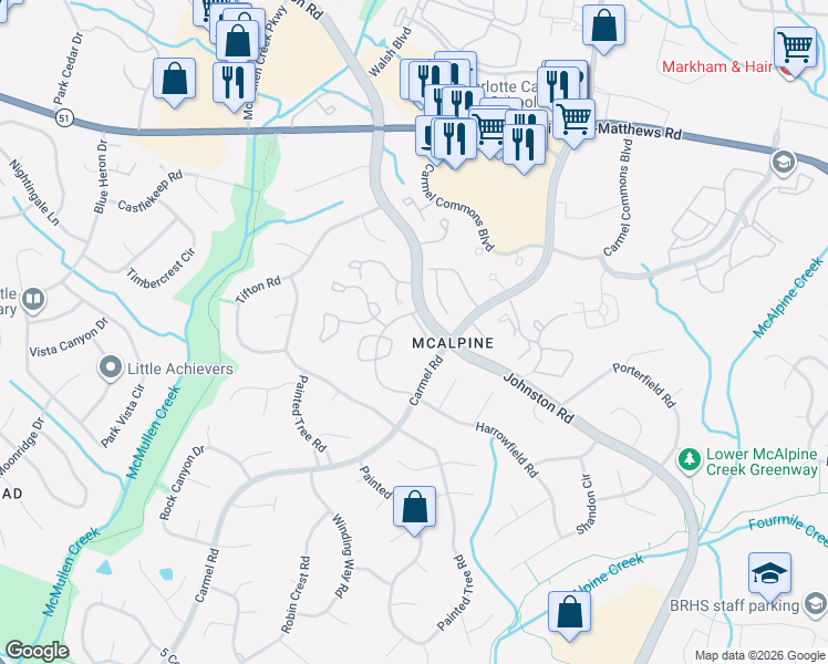 map of restaurants, bars, coffee shops, grocery stores, and more near 10957 Harrowfield Road in Charlotte