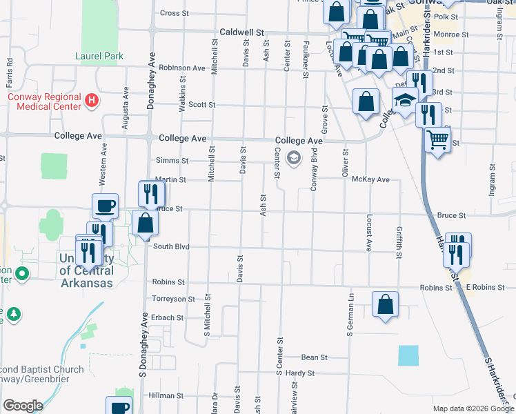 map of restaurants, bars, coffee shops, grocery stores, and more near 238 Ash Street in Conway
