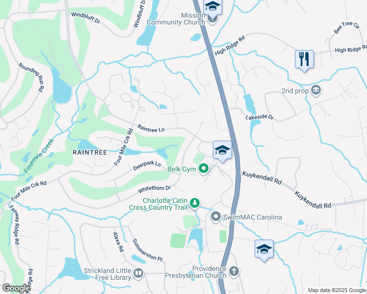 map of restaurants, bars, coffee shops, grocery stores, and more near 9424 Whitethorn Drive in Charlotte