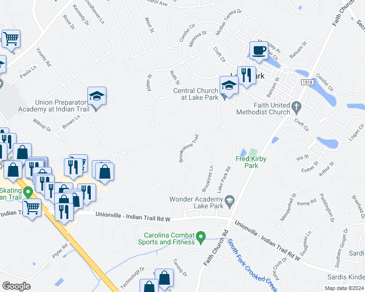 map of restaurants, bars, coffee shops, grocery stores, and more near 4700 Granite Court in Indian Trail